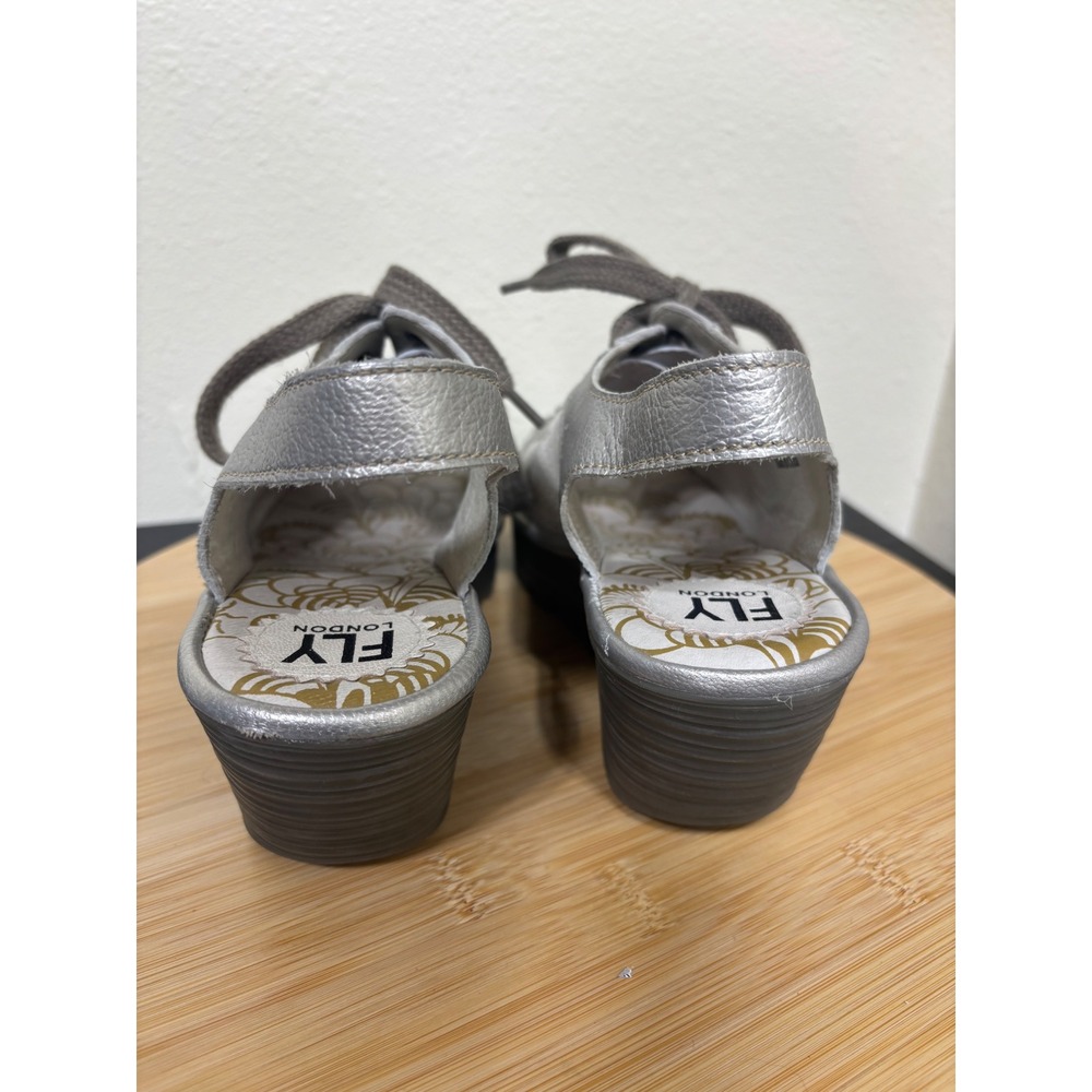 Fly London Yuta Wedge Sandals 39 Silver White Leather Lace Up Platform Slingback - Picture 5 of 11